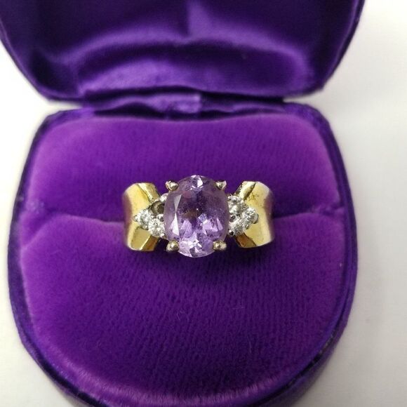 Vintage Sterling Silver Purple Rhinestone Gold Overlay Ring, Size 7, Estate - Picture 9 of 10